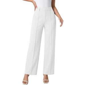 Dress Pants for Women Work Pants Wide Leg Pull On Stretchy Business Casual Trousers High Waisted Slacks with Pockets (White, L)