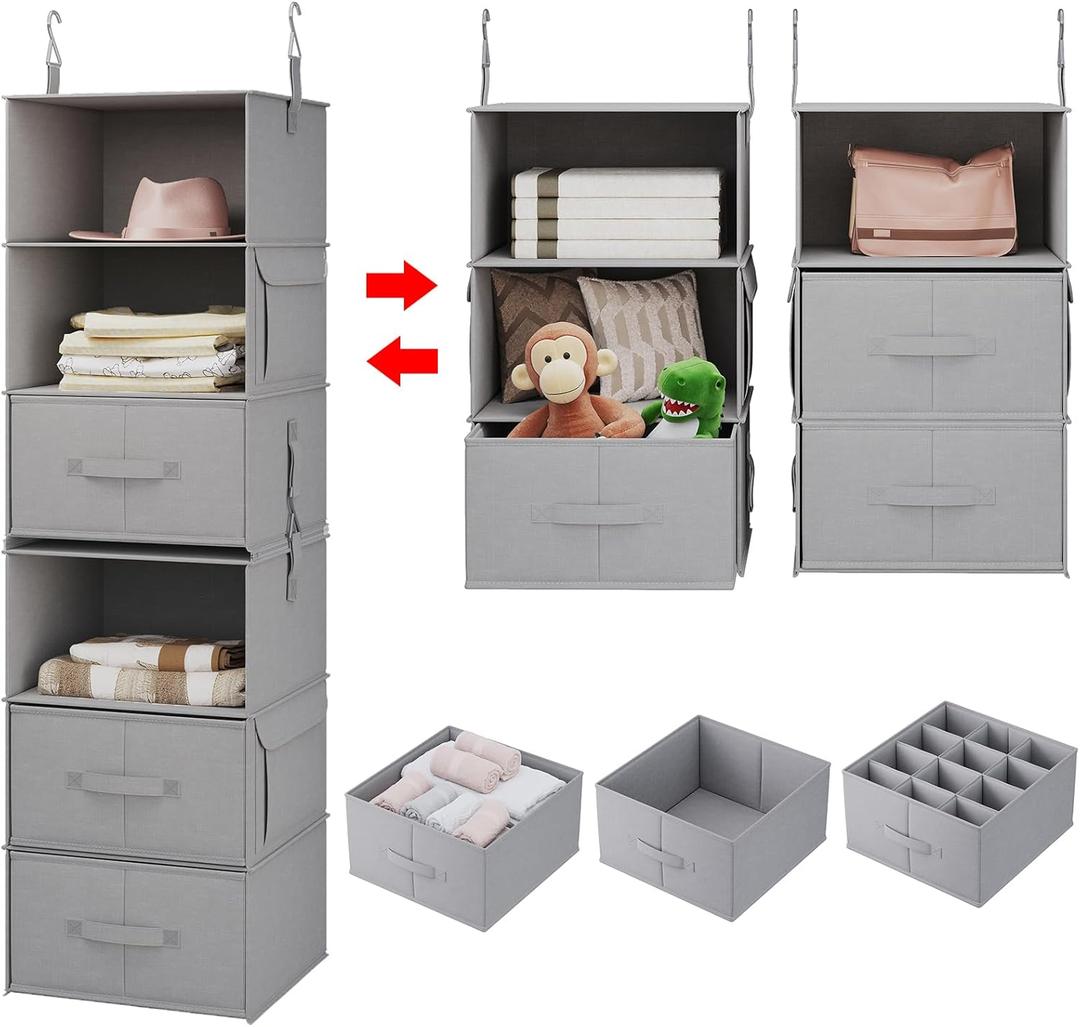 Vailando 6-Tier Hanging Shelves for Closet, Two 3-Shelf Hanging Closet Organizer w/ 4 Side Pockets and 3 Drawers, Combinable for Dorm Wardrobe Organizer and RV Storage and Organization (Separable, Medium Gray)