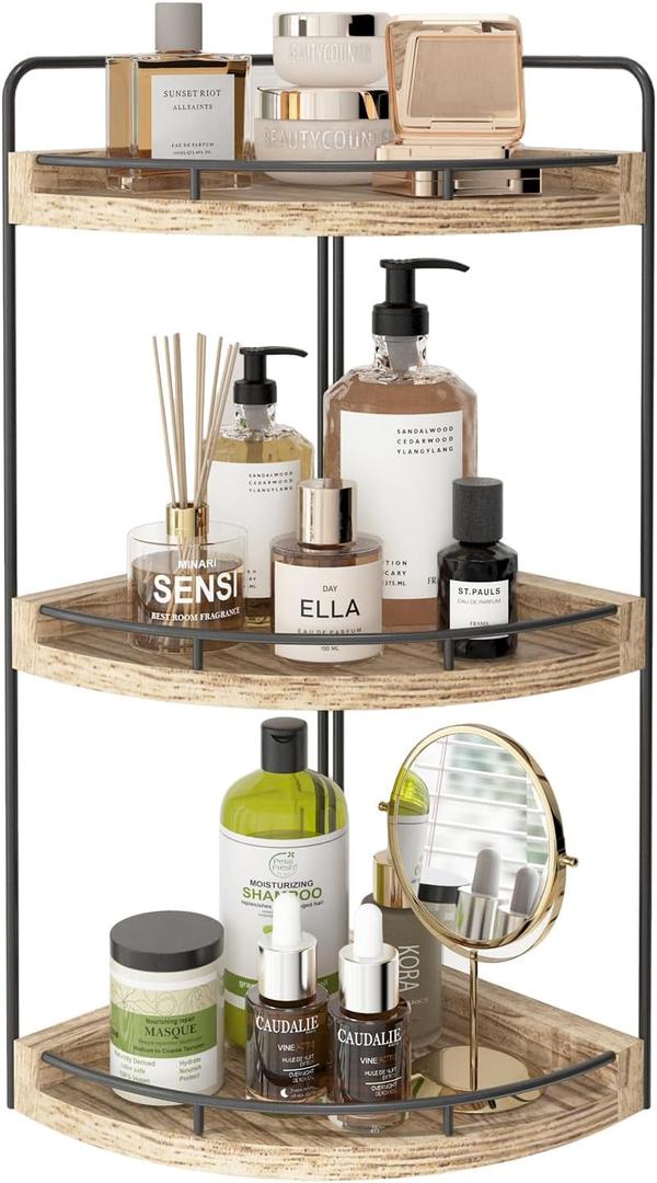 Fixwal Corner Bathroom Counter Organizer, 3 Tier Rustic Bathroom Organizer, Wood Countertop Storage Tray for Vanity, Kitchen, Bedroom (Light Brown)