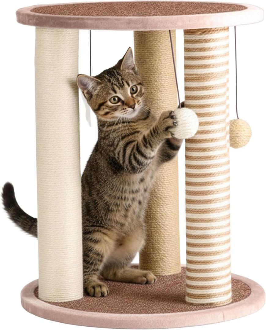 Cat Scratching Post - 3 Scratcher Posts with Carpeted Base Play Area and Perch - Furniture Scratching Deterrent for Indoor Cats by PETMAKER (Brown), Large