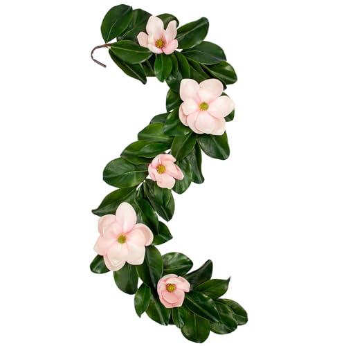 Arborus Artificial Magnolia Garland 5FT – Real Touch Flowers & Greenery Vine for Wedding Arch, Mantel, Table, Indoor Decor – Faux Magnolia Leaf Garland (Pink Flowers)