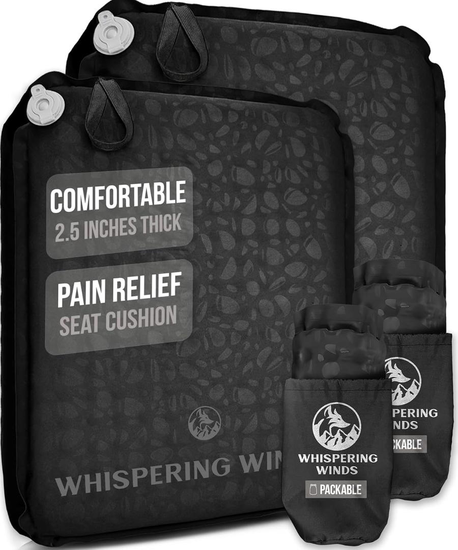 Whispering Winds Inflatable Seat Cushion - Comfortable Blow-up Foam Pad for Airplane, Travel, Stadium, Outdoors, Camping, Car & More