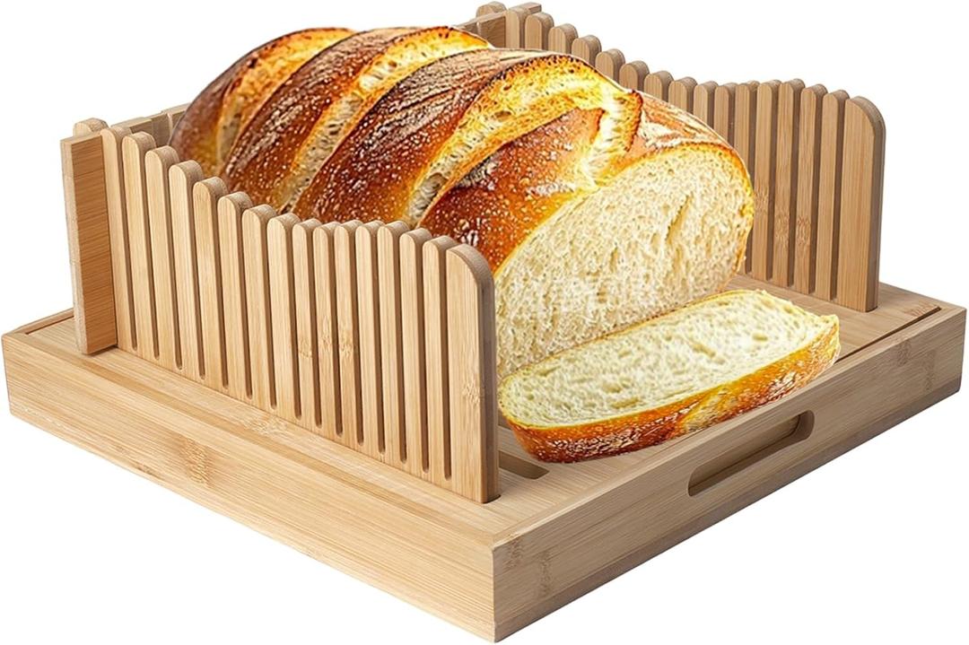 Foldable Bamboo Bread Slicer Tray with Crumb Collector & Adjustable Guide - for Perfectly Even Slices of Homemade, Sourdough & Sandwich Bread (Knife Not Included)