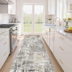 Runner Rug Kitchen Washable Rugs: 3x8 Non-Slip Abstract Soft Modern Stain Resistant Indoor Floor Neutral Accent Throw Carpet for Hallway Bathroom Laundry Room Entryway Bedroom- Gray Rust