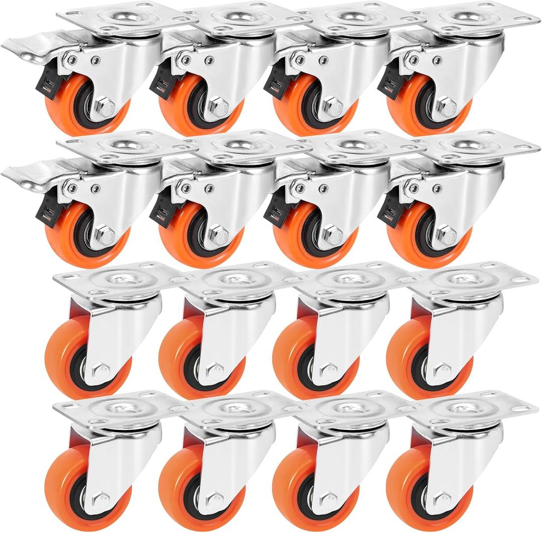 W B D WEIBIDA 2" Plate Caster Wheels Set of 16, Heavy Duty Casters with Brake, Safety Dual Locking, Industrial Swivel Top Plate Casters Wheels for Furniture, Carts (Screws and Screwdriver)
