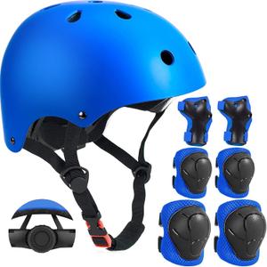 Adjustable Kids Helmet with Knee Pad, Elbow Pads & Wrist Guards - Toddler Bike Helmets - Perfect for Skating, Biking, Cycling, and Skateboard - for Boys and Girls (Blue), Medium (8-14 years )