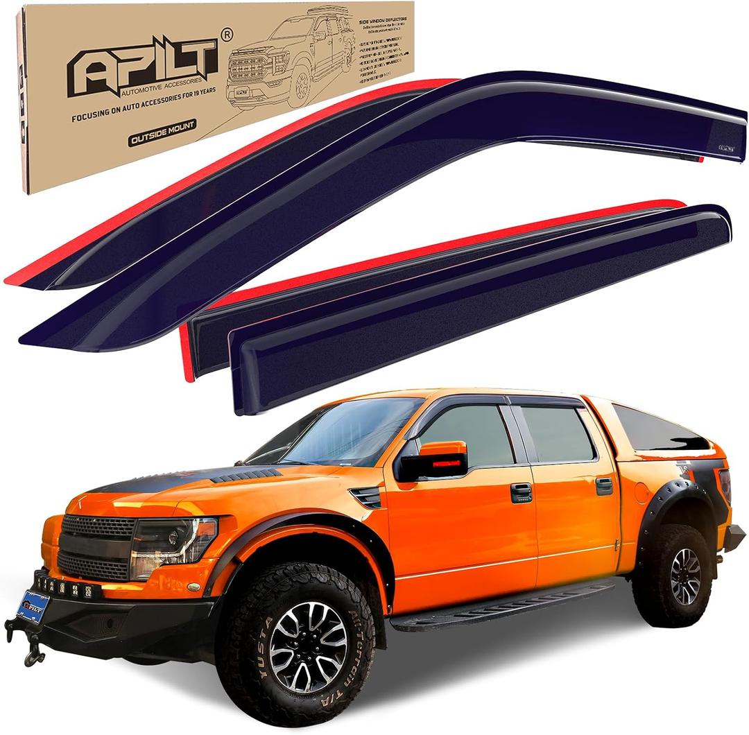 Outside-Mount Rain Guards Window Visors for 2009-2014 Ford F-150 SuperCrew & 2010-2014 SVT Raptor SuperCrew Wind Deflector Truck Accessories Dark Smoke 4-Piece Set with Thicker
