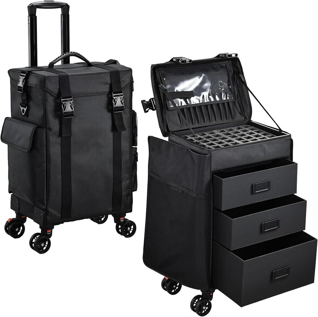 Stagiant Rolling Makeup Case 4 in 1 Soft Sided Professional Cosmetology Case on Wheels Freelance Makeup Artist Nylon Cosmetic Organize Storage Nail Technician Hair Stylist 3 Drawers Black (EXP 10/27/26)