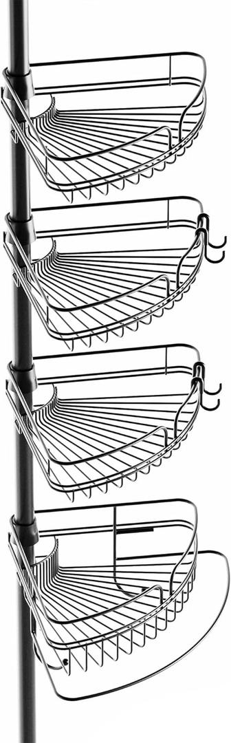Zenna Home Tension Pole Shower Caddy, Adjustable Corner Shower Storage System with 4 Baskets and Built in Towel Bar, Bathroom Organization Solution, 60 to 97 Inch, Matte Black