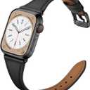 Slim Leather Bands Compatible with Apple Watch Band 46mm/49mm/45mm/44mm/42mm, Genuine Leather Strap for iWatch Series 11/10/9/8/7/6/5/4/3/2/1 SE 3/2/1 Ultra 3 2 1 Women, Black/Black