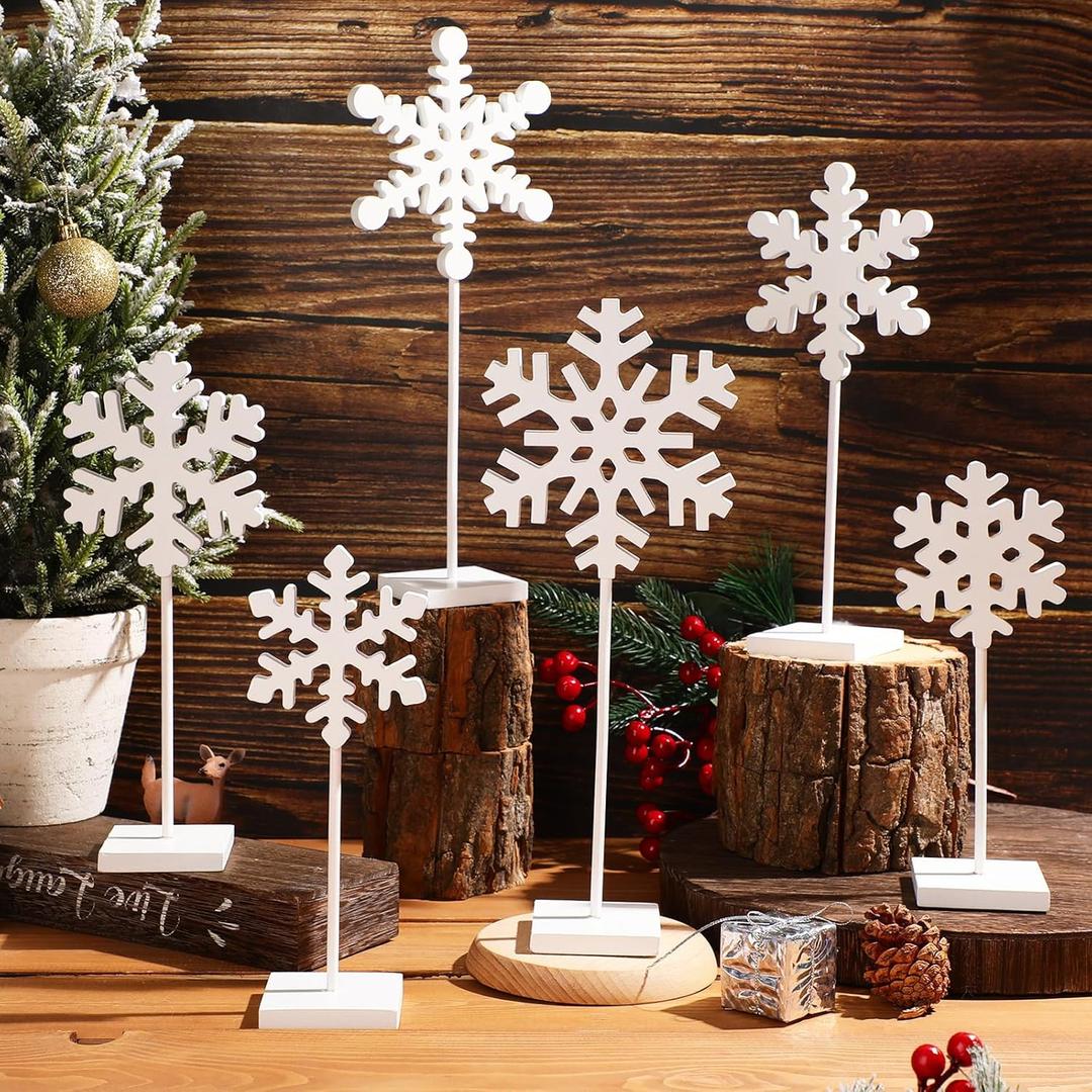 Sawysine 6 Pcs Christmas Wood Snowflake Table Centerpiece Decor Snowflake Tabletop Tall Standing Block Sign for Fireplace(White)