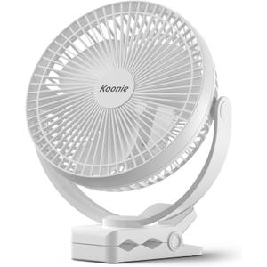 Koonie Portable Clip on Fan, 8-Inch 10000mAh USB Rechargeable Battery Operated, 4 Speeds, Strong Airflow, Sturdy Clamp for Office Desk Golf Car Outdoor Travel Camping Tent Gym Treadmill (White)