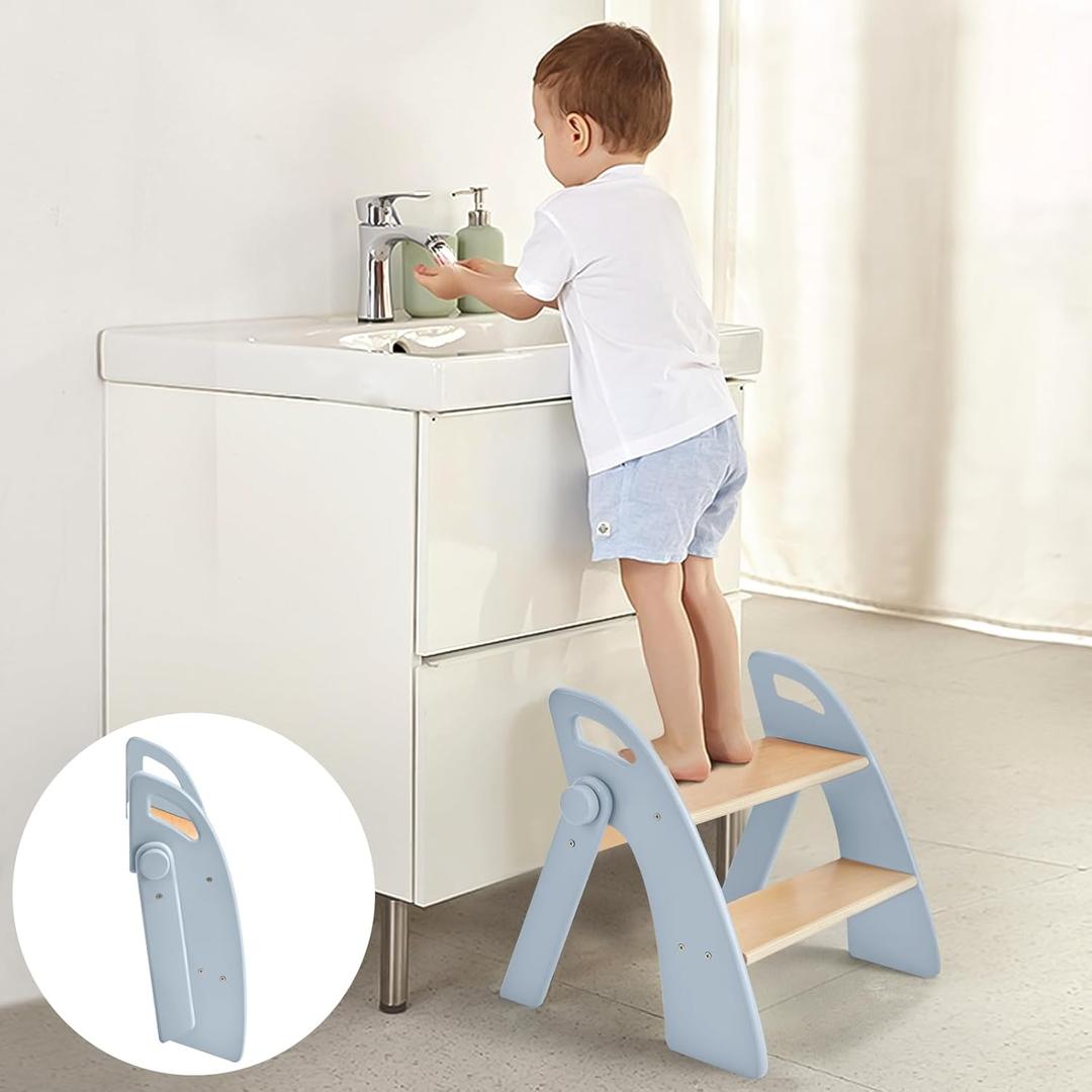 Wooden 2 Step Stool for Kids Bathroom Sink Foldable Anti-Slip 2-Step for Toilet Potty Training, Child Stepping Stool for Kitchen Nursery Bedroom, Sturdy Non Slip Adult Stool for Closet Blue