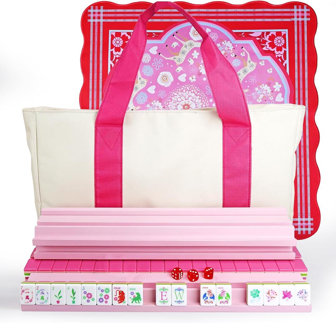 American Mahjong Game Set, Portable Carrying Bag,Acrylic 160 Tiles,Western Mahjong Tiles Set,Complete Ma Jong Set (Pink)