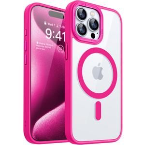 CANSHN Clear Magnetic Compatible with iPhone 15 Pro Case [Compatible with Magsafe] [Not Yellowing] Slim Thin Shockproof Protective Bumper Cover Phone Case Cover 6.1 Inch - Hot Pink