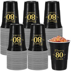 Ziliny 50 Pack 80th Birthday Decorations Birthday Cups 16 oz Disposable Plastic Gold and Black Cheers to 80 Years Cups for Men Women Hot Cold Drinks for Wedding Anniversary Supplies