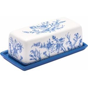 Bico Blue Garden Toile De Jouy Ceramic Butter Dish with Lid, Wide Butter Keeper for Counter, Kitchen Countertop, Microwave and Dishwasher Safe