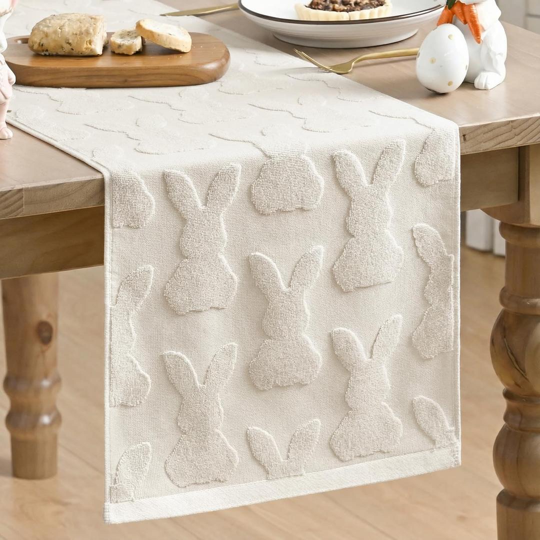 Artoid Mode Beige Soft Cotton Jacquard Bunny Easter Table Runner, Holiday Kitchen Dining Table Decoration for Home Party Decor 13x72 Inch