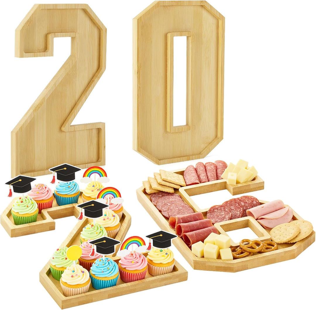MADHOLLY Bamboo 2026 Graduation Numbers Charcuterie Fillable Board - 12"x8" Each Reusable Food Serving Trays, Grad Party Table Decor Platters for Cupcakes, Snacks, Cookies, Fruit, Set of 4
