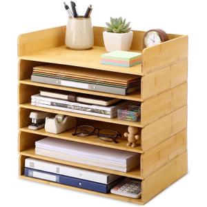 Novabright 6 Pcs Stackable Paper Organizer Tray Acacia Wood Desk Organizer Letter Tray Desktop Letter Size Office Wooden Desk Shelf Paper Holder Folder Organization Rack for File Document(Bamboo)