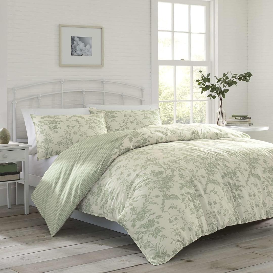 Laura Ashley Home - Queen Duvet Cover Set, Reversible Cotton Bedding with Matching Shams, Lightweight Home Decor for All Seasons (Natalie Sage, Queen) Green (Queen (3-Piece))