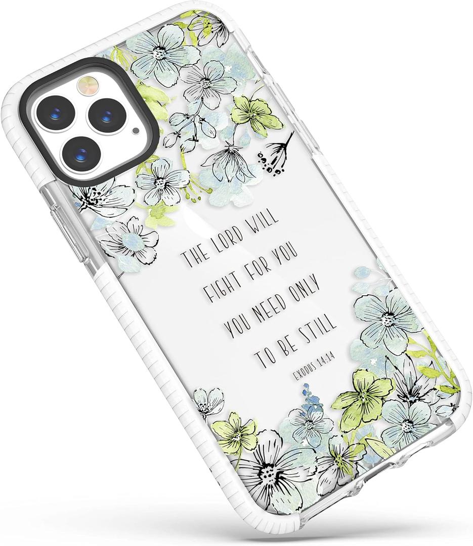 Cute Case Compatible for iPhone 15 Pro Max Bible Verses for Girls Women,Blue Floral Inspirational Christian Quotes Exodus 14:14 Soft Protective Case Compatible with iPhone 15 Pro Max