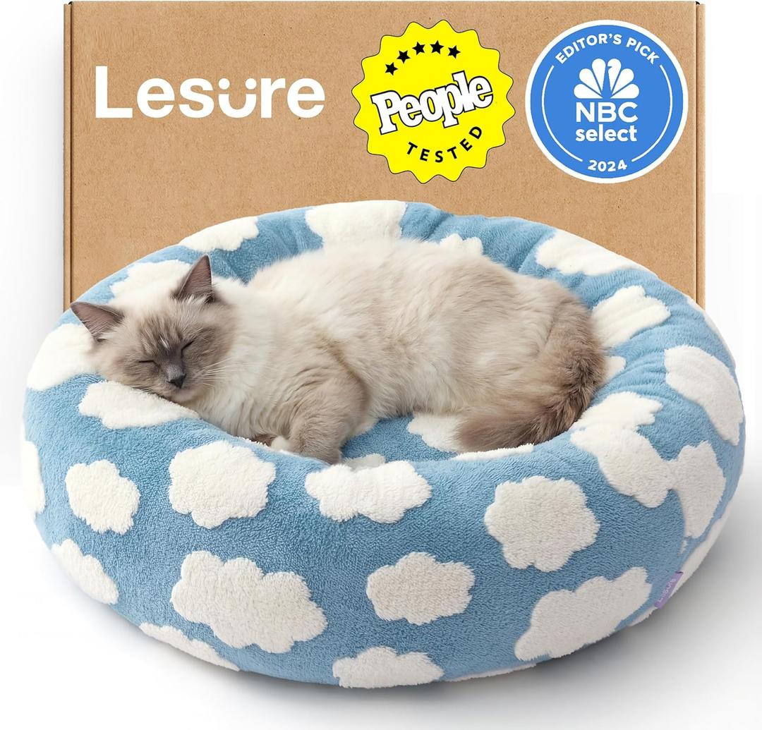 Lesure Shown on TV Donut Cat Beds for Indoor Cats - Small Round Dog Bed for Calming Pets as Gift with Washable Cover, Cute Modern Puppy Bed with Jacquard Shaggy Plush & Anti Slip Bottom, 20 Inch, Blue (Cozy Clouds Blue)