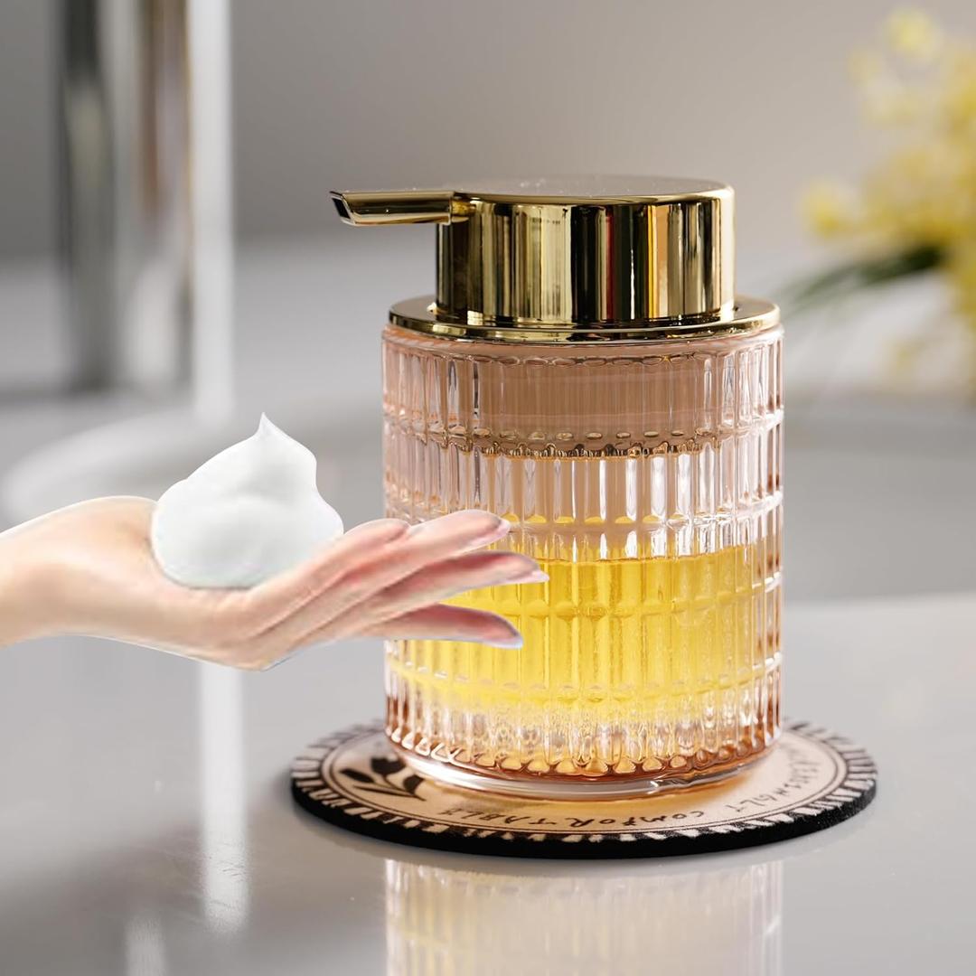 Refillable Glass Foam Soap or Lotion Dispenser for Kitchen and Bathroom with Large Gold Pump (Striped Pattern-Pink)