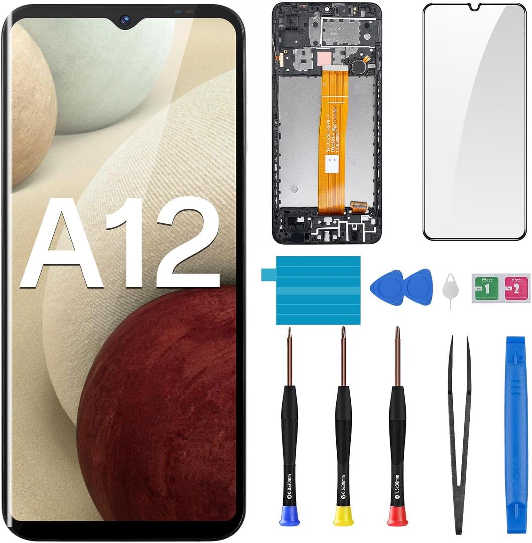 for Samsung Galaxy A12 Screen Replacement LCD Display Touch Digitizer Full Assembly with Frame Side Button Ear Speaker Vibration Motor Glass Repair Tools Kit SM-A125U SM-A125U1