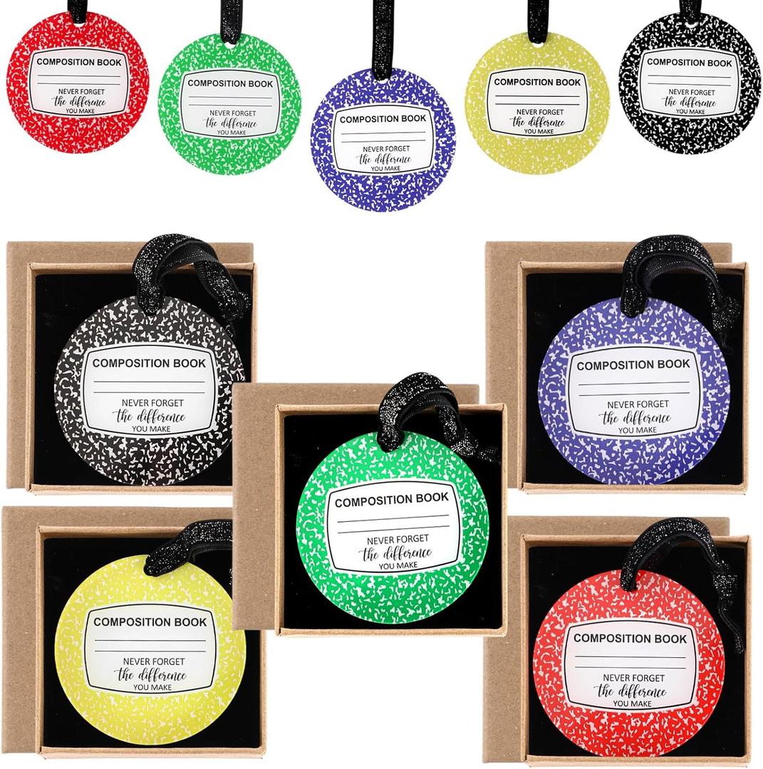 Geelin 5 Sets Teacher Week Appreciation Gift with Boxes Composition Notebook Acrylic Ornament with Hanging Ribbon for Teacher Book Club Book Lover Employees Coworker Staff