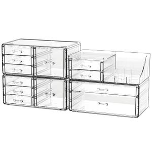 Acrylic Clear Make up Organizers And Storage for Vanity,Bathroom Skincare Organizer With 12 Drawer for Dresser,Plastic Desk Accessories Organization,Cosmetic Organizer Countertop for Beauty,Skin Care (12 Drawers-Set of 4)