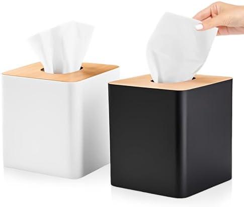 RETON 1 Pack Tissue Box Cover, Square Plastic Tissue Holder with Bamboo Cover Plate, Cube White Paper Organizers for Living Room, Office, Home Decor, Night Stand