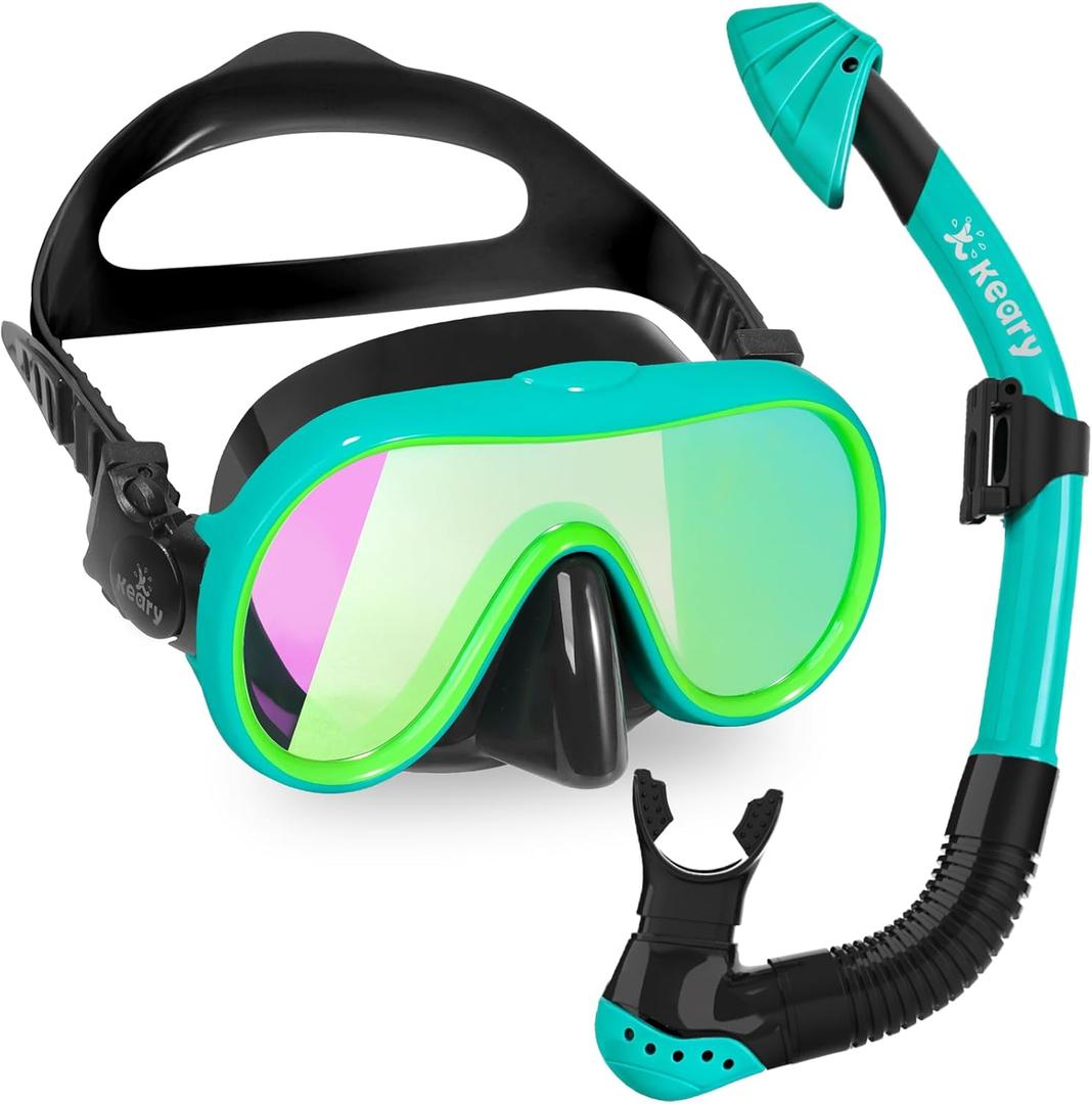 Keary Kids Dry Snorkel Set for Kids 5-16 180 Wide View UV Protection Snorkeling Gear Scuba Diving Mask for Girl Boy Youth