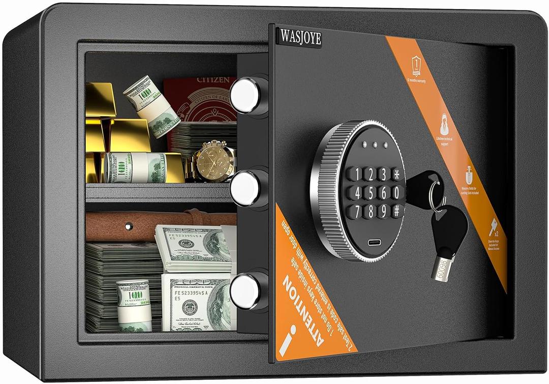 WASJOYE Home Cabinet Safe Box - Fireproof Safe with Digital Keypad Safety Key Lock, 1.2 Cu Ft Safes Box for Home Business Office Hotel Money Document Jewellery Medicine Passport Watch Storage
