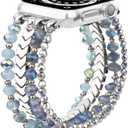 MOFREE Beaded Bracelet Compatible with Apple Watch Band 38mm/40mm/41mm/42mm, Fashion Elastic Stretch Women Bands for iWatch Series 11/10/9/8/7/SE/6/5/4/3/2/1 iPhone Watch Strap Bands (Blue/Silver)