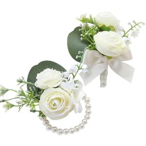 Ivory Ranunculus Peony Wrist Corsage Wristlet Band Bracelet and Men Boutonniere Set for White Wedding Flower Accessories Prom Suit Decorations