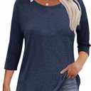 Kancystore Womens 3/4 Length Sleeve Tops Casual Loose Fit Tunic Shirts Crewneck Basic Tees (Blue)