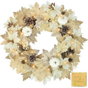 Fall Wreath with Lights 22 Inch - Fall Wreaths for Front Door Thanksgiving Halloween with Fall Home Decorations Autumn Wreath for Indoor Outdoor Wall Festival Decor (White)