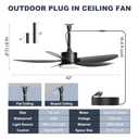 Phylluz Outdoor Ceiling Fan with Lights, 42 Inch Plug in Gazebo Fans with Remote APP Control, Quiet DC Motor, Dimmable 3CCT, Waterproof Hanging Fans for Patios, Porch, Black