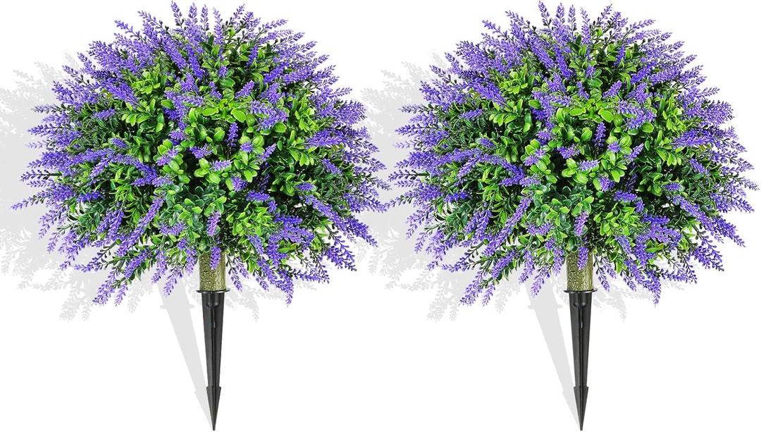 LAFORMO Artificial Lavender Topiary Ball Trees with Ground Spike, 2 Pack 15.7" UV Resistant Artificial Shrubs, Fake Evergreen Artificial Plant Brush for Indoor Outdoor Front Porch Garden