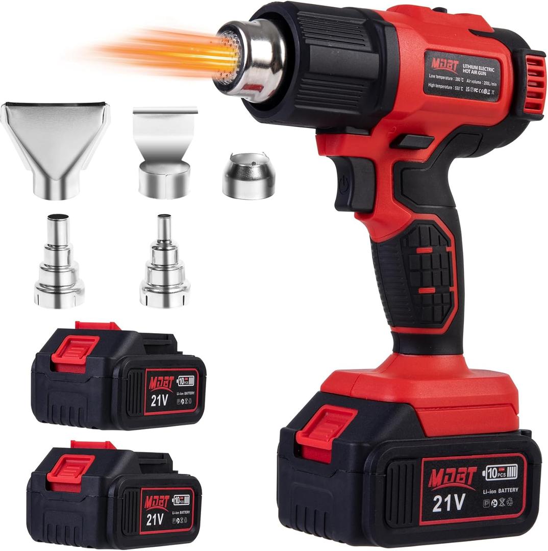 Heat Gun with Two 2.0 Ah Battery, 21V Cordless Heat Gun with 5 Nozzle,Max 1022 Hot Air Gun Kit for Shrink Tubing, PVC Wrap, Grafts (Red)