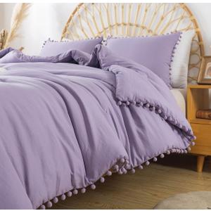 TanNicoor Lavender Comforter,Pom Pom Fringe Comforter Set Queen,3 Pieces (1 Purple Comforter+2 Pillowcases),All Season Vintage Ultra Soft Microfiber Comforter Set,Luxurious Boho Aesthetic Bedding Sets (Queen (90''x90''))