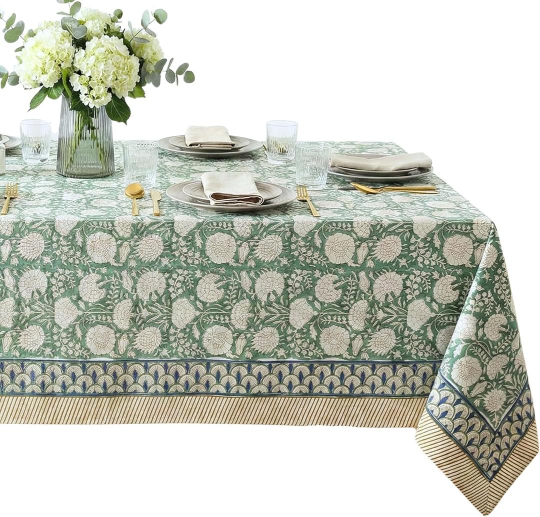 ATOSII Jade 100% Cotton Rectangle Summer Tablecloth, Block Print Floral Table Cloth Linen for Dining, Parties, Weddings, Outdoors I Grand Millennial Decor 60 X 108 Inches I 8 Seater I Memorial Day