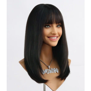 Black with Bangs Wigs for Women Long Black Wig with Bangs Synthetic Wig