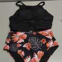 Herseas Women's Bikini Sets High Neck Tropical Leaf Print High Waisted Two Pieces Swimsuits Bathing Suits (Black) S