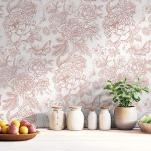 Safiyya Floral Peel and Stick Wallpaper Boho Pink and White Contact Paper 17.3''197'' Peony Removable Self Adhesive Wallpaper for Bedroom Bathroom