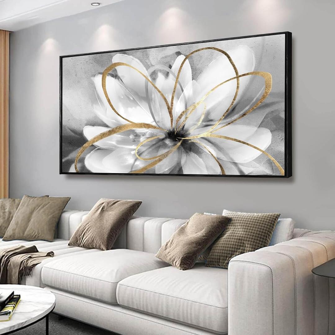 White Flowers Wall Art Canvas Wall Decor Large Floral Artwork Pictures for Living Room 24x48 Framed Wall Picture for Women Girls Room