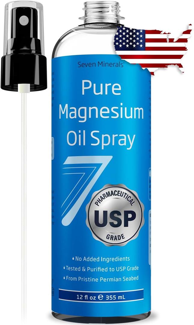 Seven Minerals Pure Magnesium Oil Spray - Big 12oz - Pharmaceutical (USP) Grade, Highest Strength with Instant Relief for Feet, Sleep, Muscle Pain & Cramps - Mined in The USA