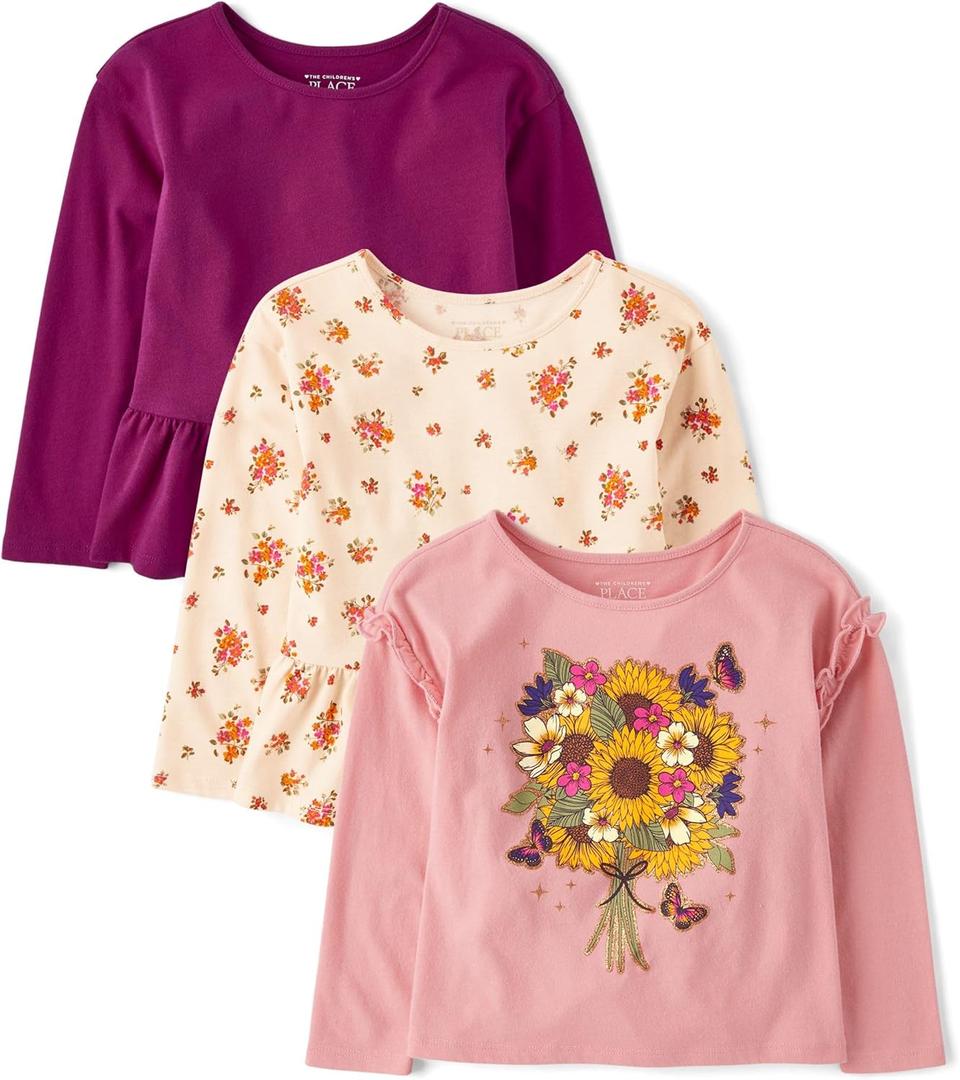 The Children's Place Baby Girls' and Toddler Assorted Long Sleeve Knit Shirts (12-18 Months, Pink Kiss Harvest 3-pack)