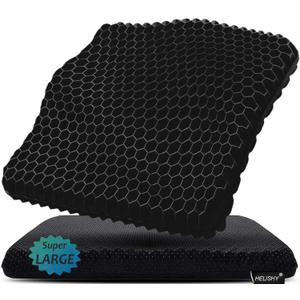 Helishy Gel Seat Cushion for Long Sitting Pressure Relief (Super Large&Thick) - Wheelchair Cushion for Pressure Sores, Coccyx, Sciatica, Back Pain Relief - Non-Slip Butt Pillow for Office, Home, Car (Black)